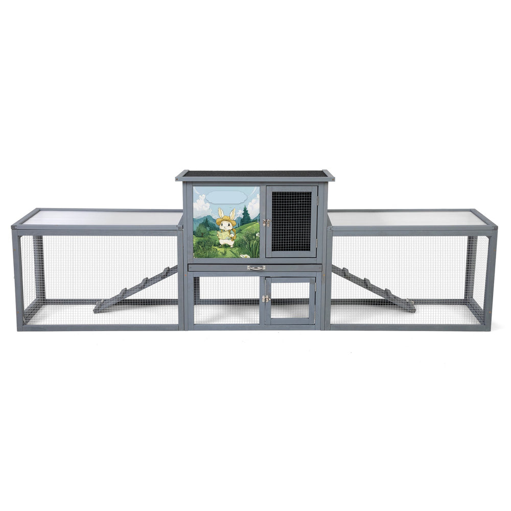 English Elm Large Two-story Outdoor Rabbit Hutch Pine Wood Weatherproof Dual Run Enclosure W2181P356097