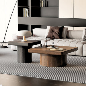 English Elm Modern Parquet Wood Nesting Coffee Tables Sculptural Fluted Pedestal Living Room Set Black + Dark Walnut W1435S00032