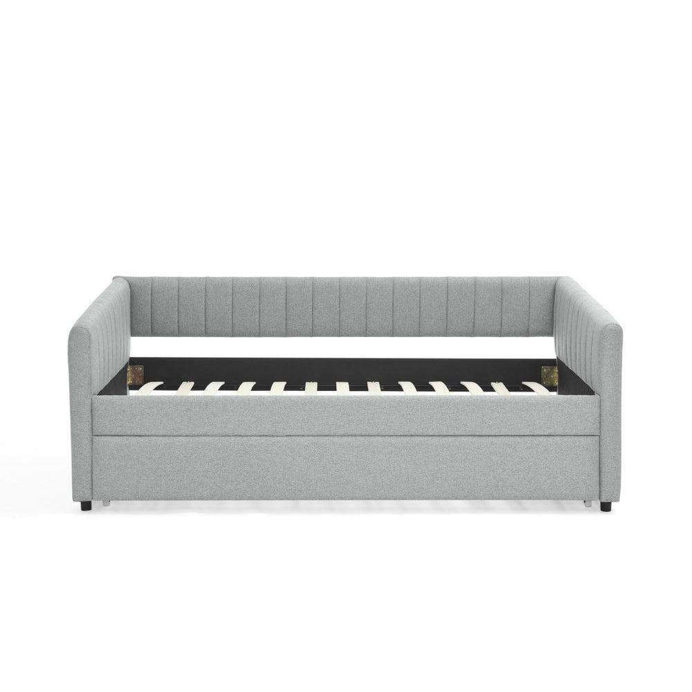 English Elm Twin Size Daybed With Trundle - Stylish Grey Linen Upholstered Sofa Bed With Vertical Stripes W1413S00089-GIGA