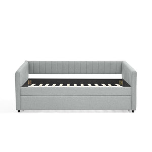English Elm Twin Size Daybed With Trundle - Stylish Grey Linen Upholstered Sofa Bed With Vertical Stripes W1413S00089-GIGA