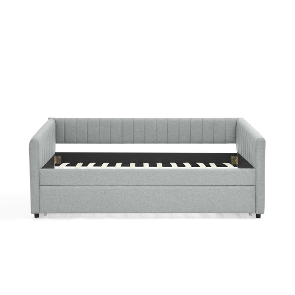 English Elm Twin Size Daybed With Trundle - Stylish Grey Linen Upholstered Sofa Bed With Vertical Stripes W1413S00089-GIGA