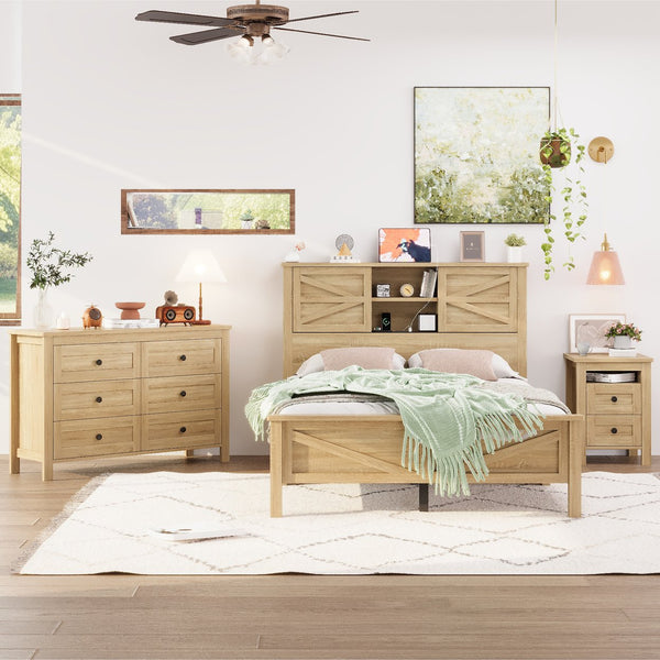 English Elm 3-Pieces Bedroom Set Full Size Farmhouse Platform Bed with Storage Headboard, Nightstand & Dresser Natural 59.25 L x 18.31 W x 8.27 H N733S369048M