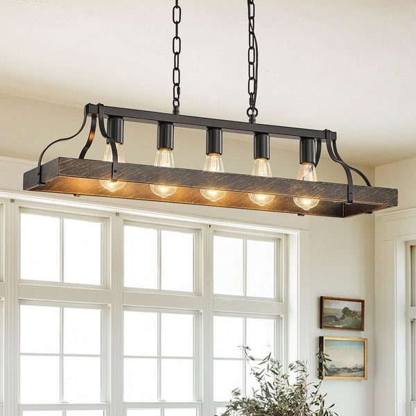 English Elm 34-Inch Industrial Pendant Light with 5 E26 Sockets, Adjustable Chain, Iron Linear Chandelier for Kitchen Black+Gold W2312P374833