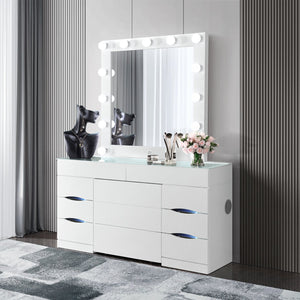 English Elm ELISA Glam LED Vanity Table with Glass Top, Built-In Speakers, Storage Stool and Mirror Lighting White 30.75 L x 19.69 W x 28.86 H B201S00353