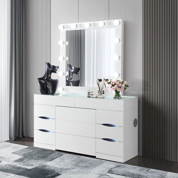 English Elm ELISA Glam LED Vanity Table with Glass Top, Built-In Speakers, Storage Stool and Mirror Lighting White 30.75 L x 19.69 W x 28.86 H B201S00353
