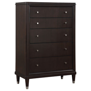 English Elm Niguel Rich Brown 5-Drawer Chest with Silver Knobs & Tapered Legs — Contemporary Bedroom Storage B062P354067