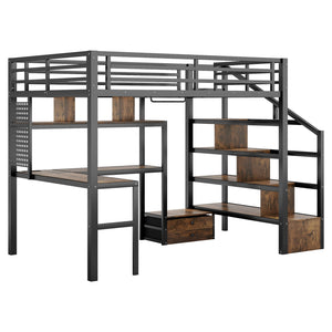 English Elm Full Size Loft Bed With Desk, Wardrobe & Led Light – Space-Saving Metal Design For Kids' Rooms! W2593S00019