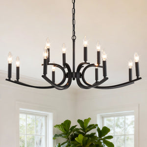 English Elm 12-light Industrial Farmhouse Chandelier Matte Black Metal for High Ceiling Spaces W5008P392712