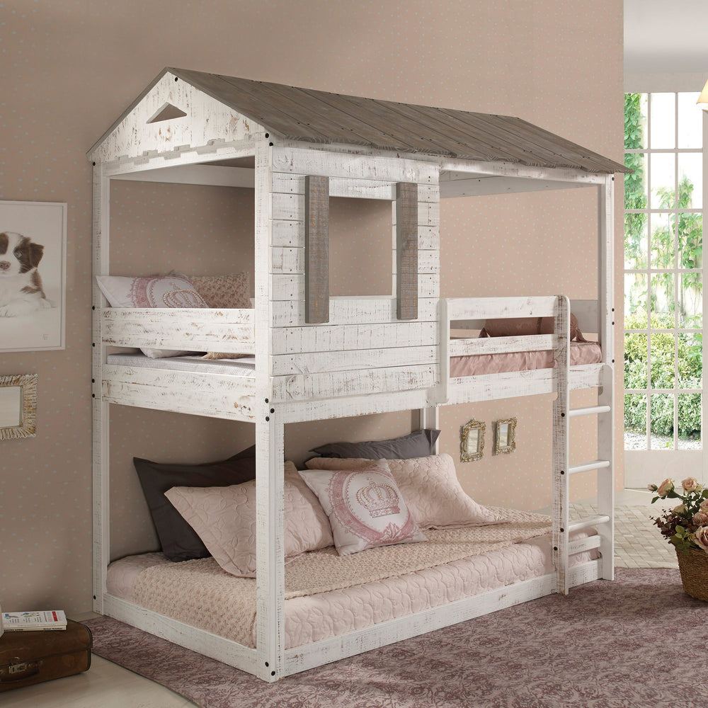 English Elm Rustic Twin-Over-Twin Bunk Bed in Rustic White Solid Pine with Built-In Right Ladder, 13-Slat Support B062S00467
