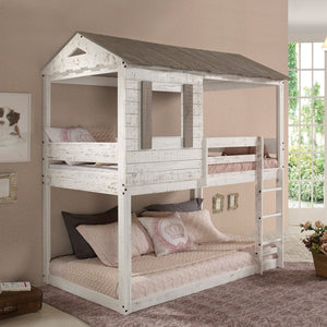 English Elm Rustic Twin-Over-Twin Bunk Bed in Rustic White Solid Pine with Built-In Right Ladder, 13-Slat Support B062S00467