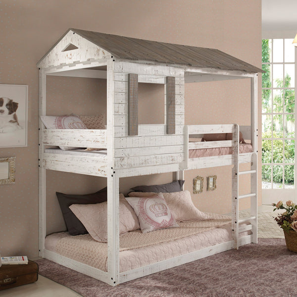 English Elm Rustic Twin-Over-Twin Bunk Bed in Rustic White Solid Pine with Built-In Right Ladder, 13-Slat Support B062S00467