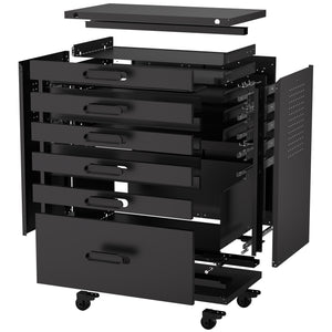 English Elm 34.3" Rolling Steel Workshop Cabinet with 3 Drawers Lockable Doors and Pegboard Sides W2735P428816