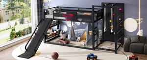 English Elm Twin Metal Loft Bed with Slide Basketball Hoop Climbing Wall and Built-in Shelves Black W1580S00342