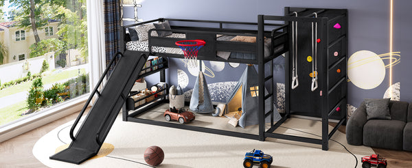 English Elm Twin Metal Loft Bed with Slide Basketball Hoop Climbing Wall and Built-in Shelves Black W1580S00342