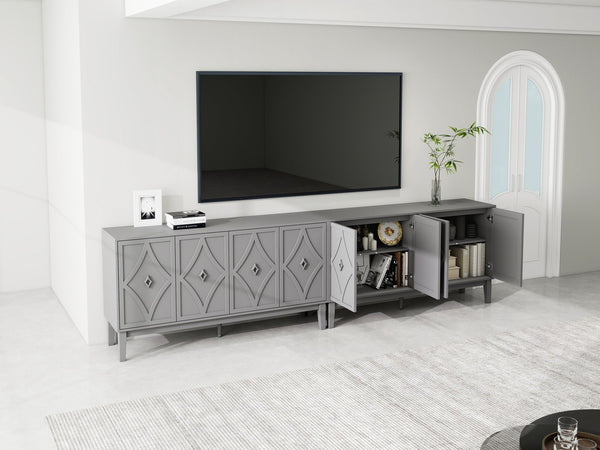 English Elm 4 Door Sideboard Buffet with Hand Carved Geometric Panels Black Oak Finish Raised Legs W688P359831