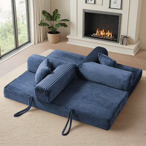 English Elm Compression Foldable Floor Sofa Bed Corduroy Futon with Foam Support for Small Spaces Blue W3716P379187