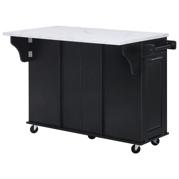 English Elm K&K Vintage Convex Kitchen Island Cart with Faux Marble Top, Tilt Trash, Pull-Out Organizer, Wheels Black N707P299008B