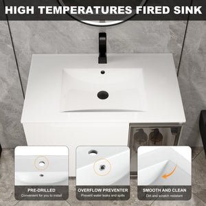 English Elm 30" Floating Bathroom Vanity Glossy White Plywood Cabinet with Frosted Glass Door W999S00524