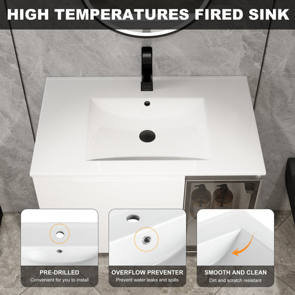 English Elm 30" Floating Bathroom Vanity Glossy White Plywood Cabinet with Frosted Glass Door W999S00524