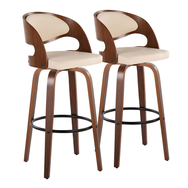 English Elm Fixed-height Swivel Barstools with Walnut Bentwood Legs and Cream Upholstered Seats Set B202S01930