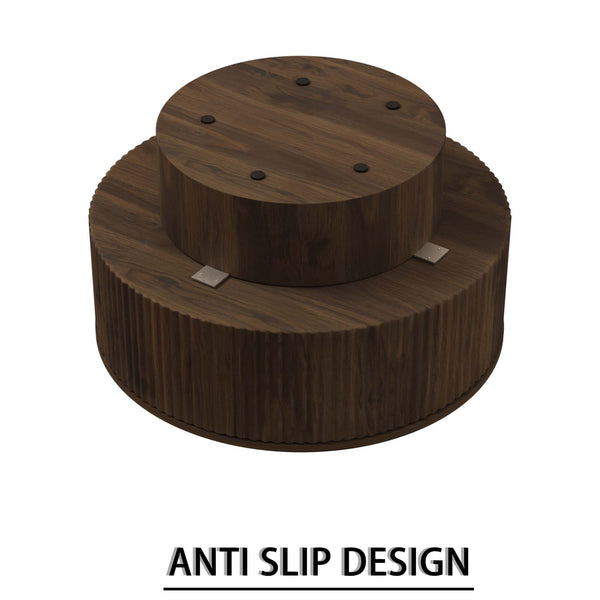 English Elm 29.53 Inch Round Mdf Coffee Table Sculptural Grooved Silhouette with Hidden Storage W2189P320663