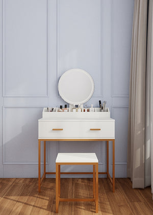 English Elm Vanity Chic Ancient White Makeup Table with Mirror & Stool, Gold Accents, Compact Storage for Small Spaces W2139P306366