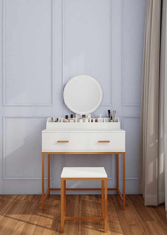 English Elm Vanity Chic Ancient White Makeup Table with Mirror & Stool, Gold Accents, Compact Storage for Small Spaces W2139P306366
