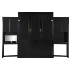 English Elm Queen Size Murphy Bed With Integrated Desk, Flip-Up Vanity & Storage Cabinets In Espresso Finish N820S10057P-GIGA