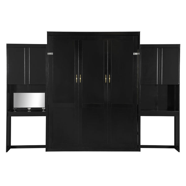 English Elm Queen Size Murphy Bed With Integrated Desk, Flip-Up Vanity & Storage Cabinets In Espresso Finish N820S10057P-GIGA