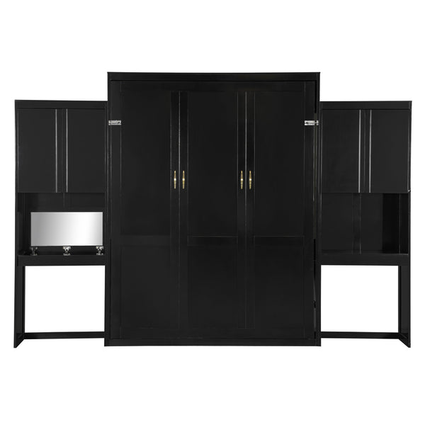 English Elm Queen Wall Bed with Integrated Desk Vanity and Cabinet Storage for Studio Rooms Espresso N820S10057P-1