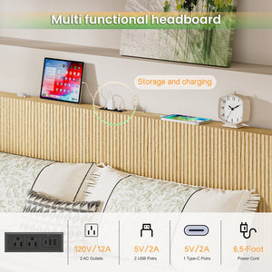 English Elm Oak Queen Floating Bed Walnut Finish Wavy Headboard Led Lighting Built in Charging W1820P408091