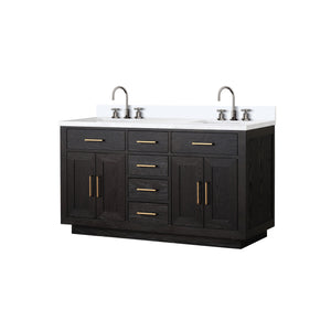English Elm Black Oak Double Bath Vanity 60" W With White Quartz Top & Chrome Faucet Set For Modern Luxury B2731P260844