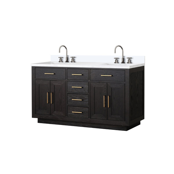 English Elm Black Oak Double Bath Vanity 60" W With White Quartz Top & Chrome Faucet Set For Modern Luxury B2731P260844