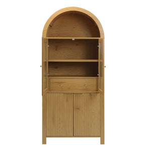 English Elm 71" Arched Glass Barn Door Pantry Cabinet Farmhouse Mdf Storage for Kitchen Dining Oak W2917S00015