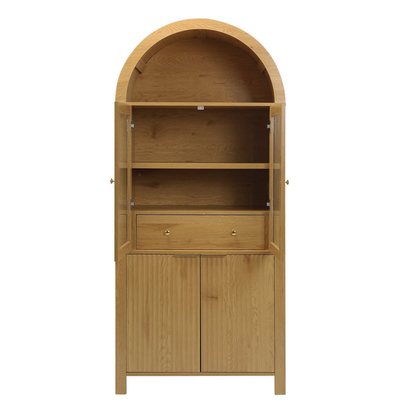 English Elm 71" Arched Glass Barn Door Pantry Cabinet Farmhouse Mdf Storage for Kitchen Dining Oak W2917S00015