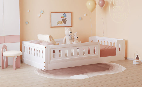 English Elm Wood Twin Size Platform Bed with Guardrail — Sturdy Pine & MDF Construction, Safe Low-Profile Design for Kids White N709P180836K