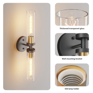 English Elm Wall Modern LED Sconces Set of Two with Clear Glass Shades, Polished Metal Anti-Rust Touch Mount Lighting for Bathroom Mirror Living Room Hallway Bedroom Black+Gold W1340P356899