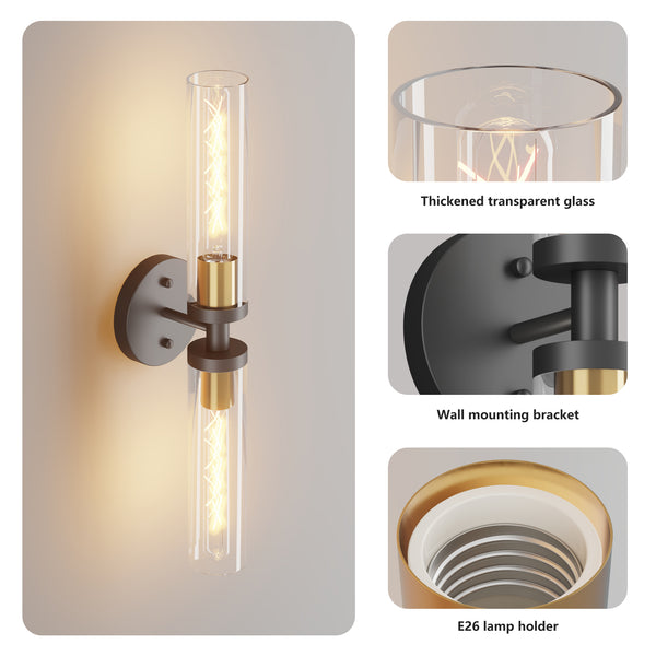English Elm Wall Modern LED Sconces Set of Two with Clear Glass Shades, Polished Metal Anti-Rust Touch Mount Lighting for Bathroom Mirror Living Room Hallway Bedroom Black+Gold W1340P356899