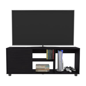 English Elm Tv Stand with Three Open Shelves for Media Storage and Decor, Slim Profile, Eco-Friendly Engineered Wood Black 52.76 L x 20.47 W x 4.72 H B097P296850