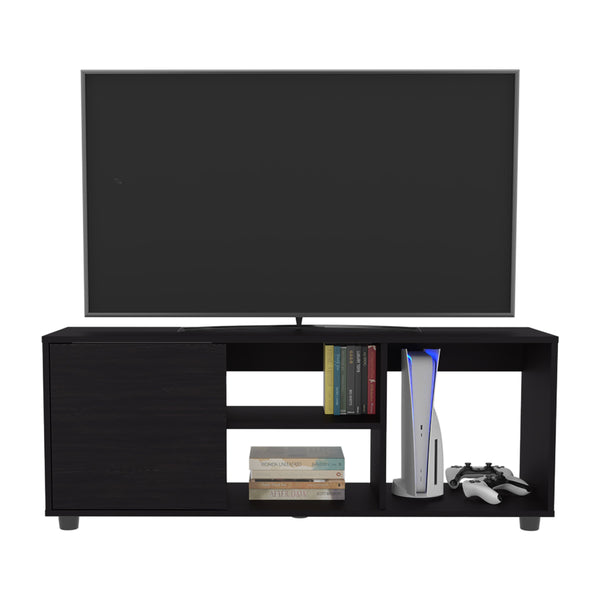 English Elm Tv Stand with Three Open Shelves for Media Storage and Decor, Slim Profile, Eco-Friendly Engineered Wood Black 52.76 L x 20.47 W x 4.72 H B097P296850