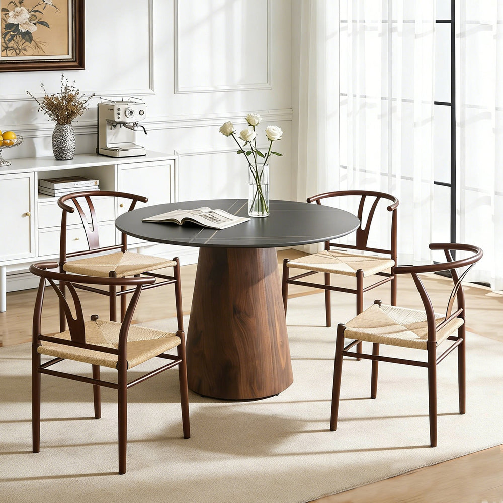 English Elm Table and Chair Set 42 Inch Round Stone Top with Rope Woven Wishbone Seats W2920S00144