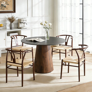 English Elm Table and Chair Set 42 Inch Round Stone Top with Rope Woven Wishbone Seats W2920S00144