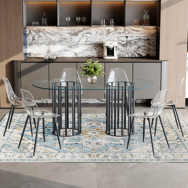 English Elm Table Oval Tempered Glass Dining Set Seats Six with Transparent Acrylic Chairs Luxe Style W1151S04761