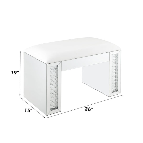English Elm Nysa Glam Vanity Stool with Mirrored Crystal Frame and Ivory Pu Leather Seat B2726P448753