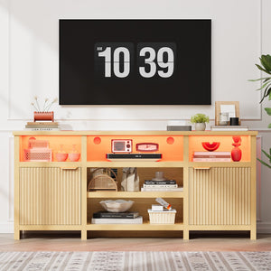 English Elm Highboy Media Console with Led Lighting Fluted Panels and Storage for Living Room T3773P416497