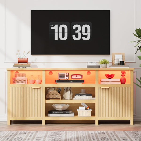English Elm Highboy Media Console with Led Lighting Fluted Panels and Storage for Living Room T3773P416497