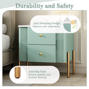 English Elm Christopher Knight Home® - Modern Fluted Nightstand with Two Drawers and Gold Legs, Sleek Textured Bedside Table for Stylish Storage and Easy Cleaning Green 23 L x 18 W x 18 H N761P285710F