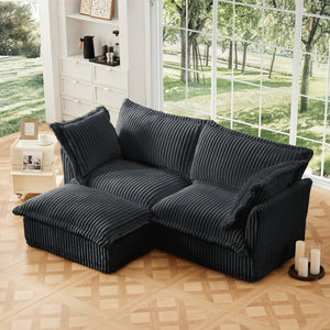 English Elm Slipcovered Sectional 2-Seater Sofa With Detachable Ottoman, Cozy Gray Corduroy & Washable Covers W3041S00216-GIGA