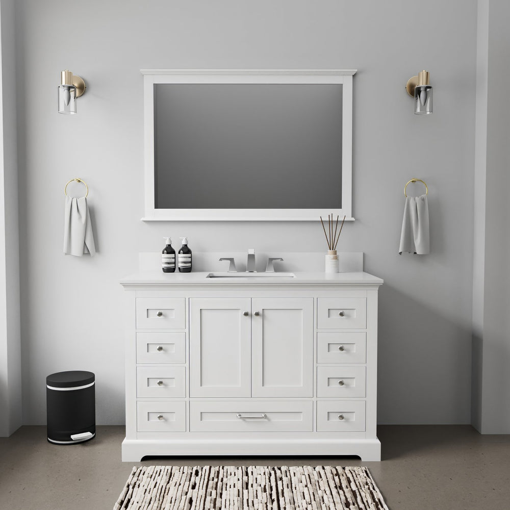 English Elm White Single Bath Vanity 48 in. W x 22 in. D with White Quartz Top, Chrome Faucet Set and 46" Mirror, Durable Surface B2731S01235