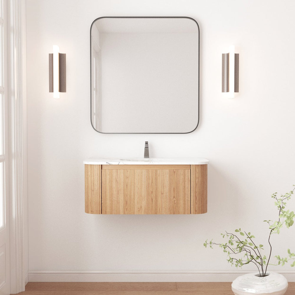 English Elm Arcora Floating Bathroom Vanity Slatted Wood Front Carrara Marble Ceramic Sink Modern W3235S00008